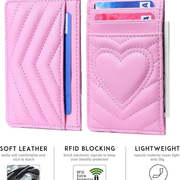 Leather Card Holder Wallet RFID Blocking Pink Compact Slim Women Gift - Picture 4 of 9